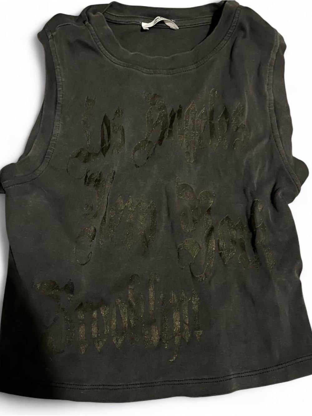 Black Sleeveless Graphic Crop Tank with Glossy Script